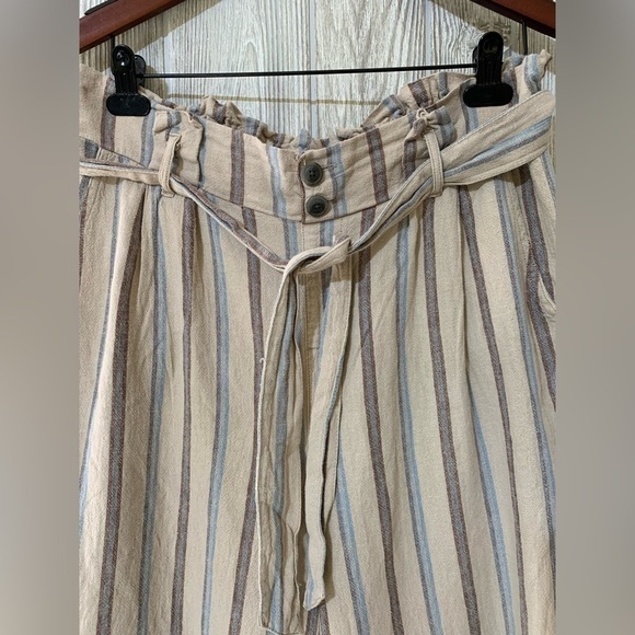 Rewash Linen Paper Bag Waist Wide Leg Striped Raw Edge Split Hem Crop Pants L - Picture 2 of 11